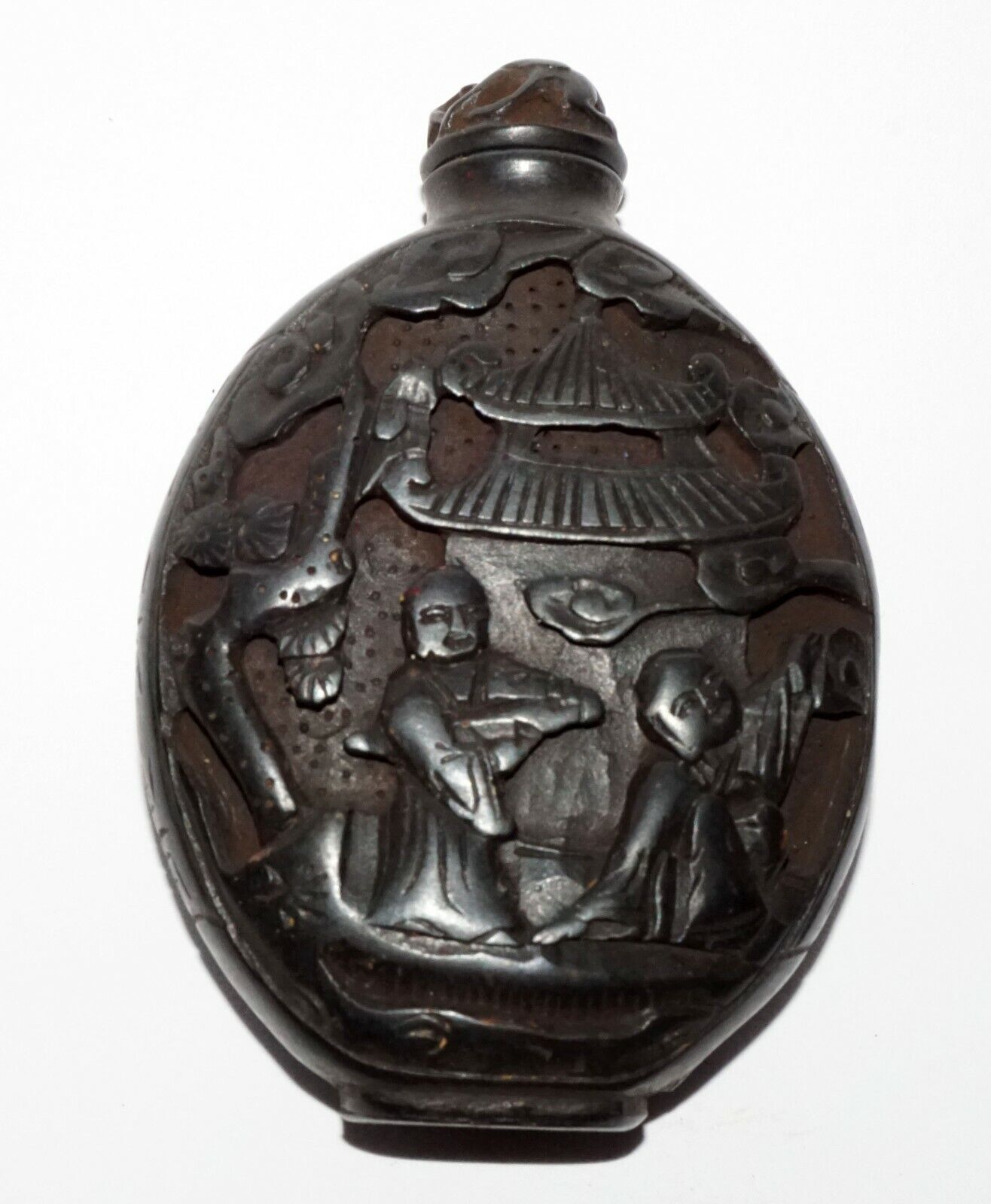 Vintage Chinese Black Lacquer Relief Carved Snuff Bottle Buddhist Motif (LeS) G1