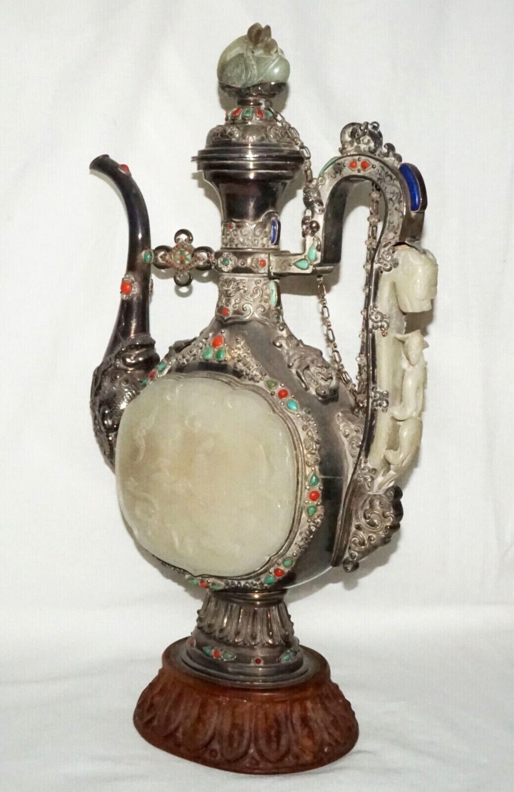 Mongolian Silver Ewer w. White Jade Plaques Dragon Hook Coral Turquoise (LeD)