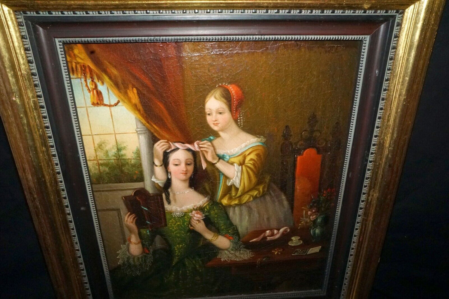 19C American Antebellum Oil- Ladies at Dressing Table Artist Unknown (KoR)