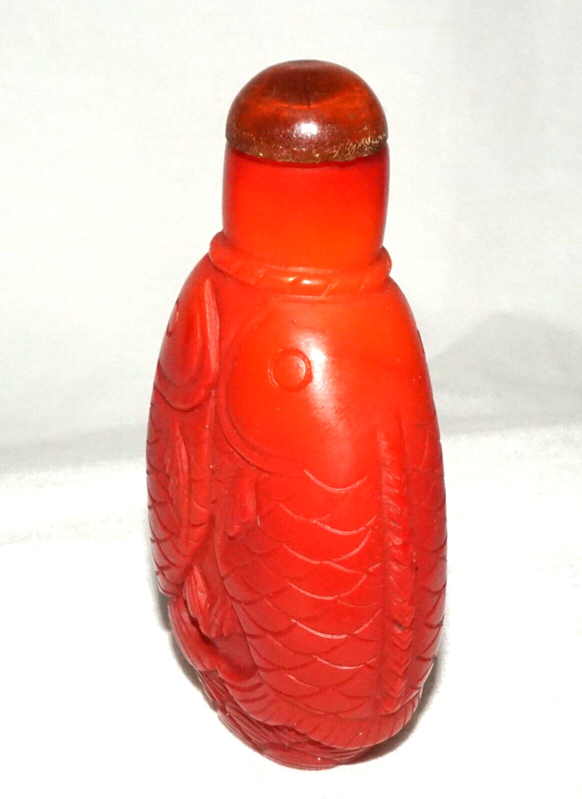 Vintage Chinese Red Glass Snuff Bottle w. Double Leaping Carp Motif (FeH)