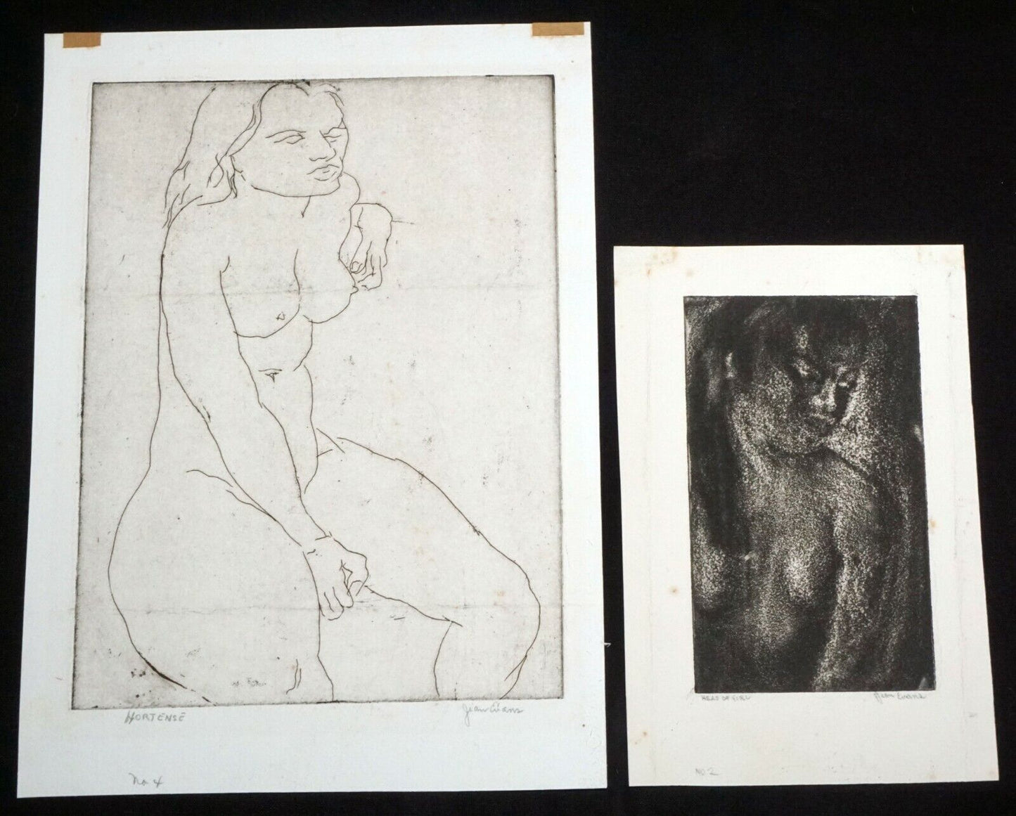 2Pc 1940s Hawaii Etching Prints "Hortense & Head of a Girl" by Jean Evans (Kel)