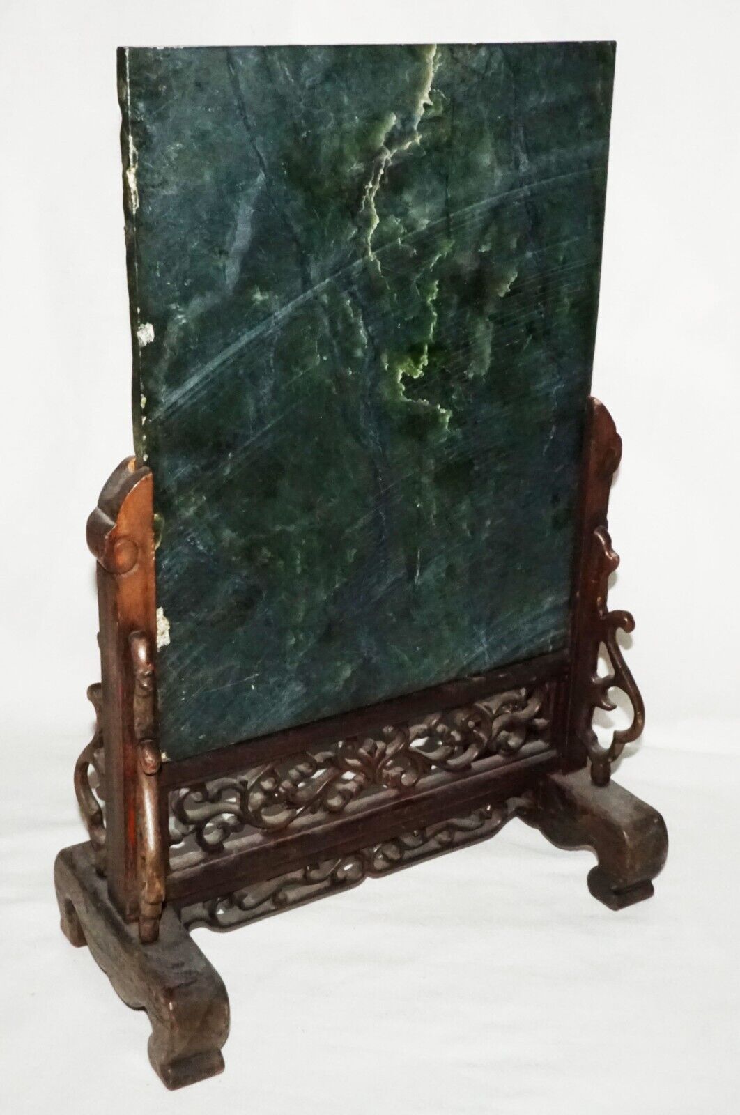 Vintage Chinese Nephrite Jade Table Screen w. Relief Writhing Dragon Stand (LeD)