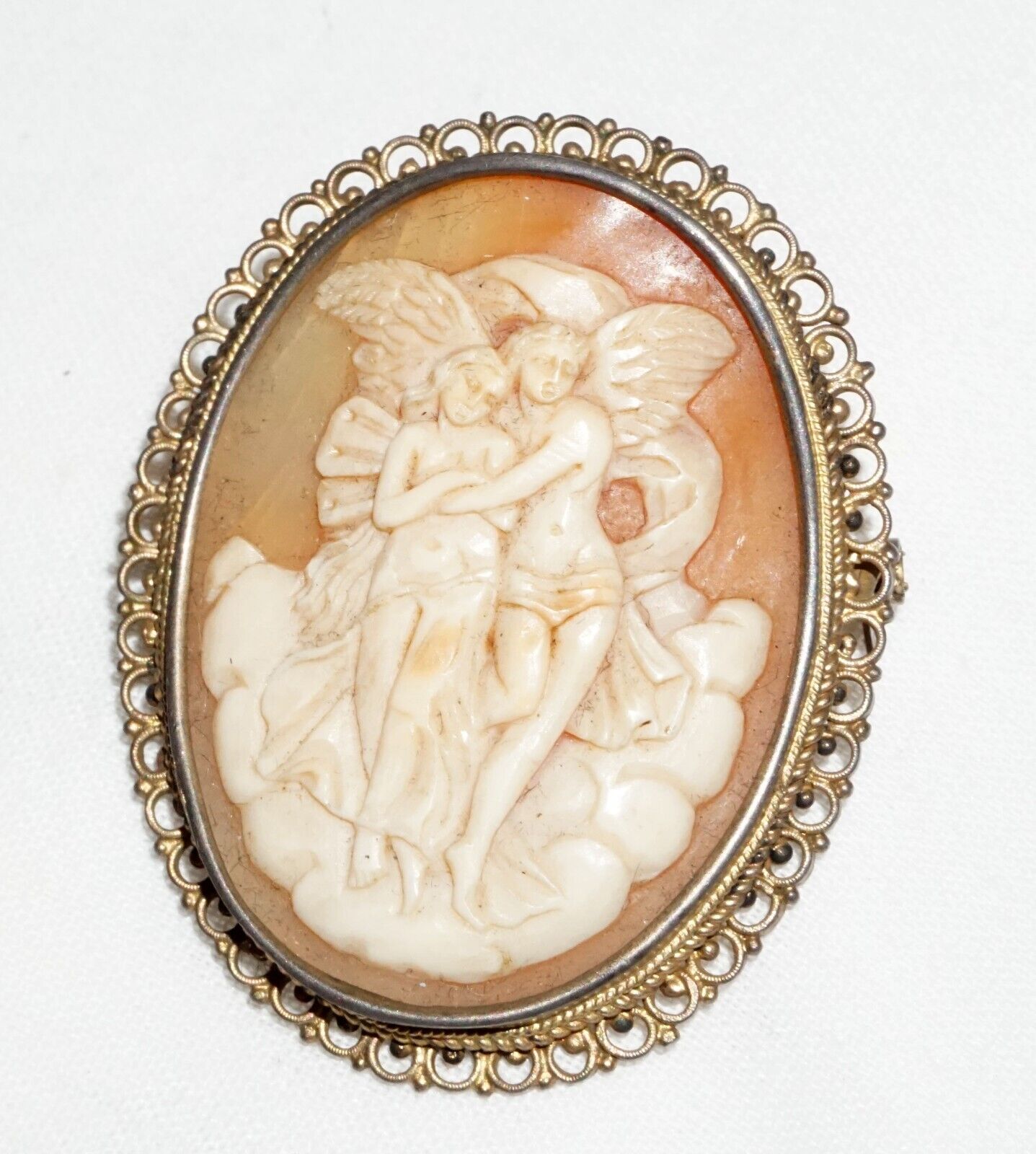 Vintage Unmarked Metal Scroll Design Brooch Shell Cameo w Angel Motif (BiB)