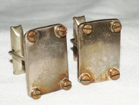 Vintage Pair Sterling Silver Rectangular Cufflinks w. Screw Design Corners (OdC)