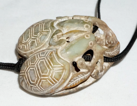 Vintage Chinese Steatite Carved Pendant w. Double Turtle Motif on Cord (InS)