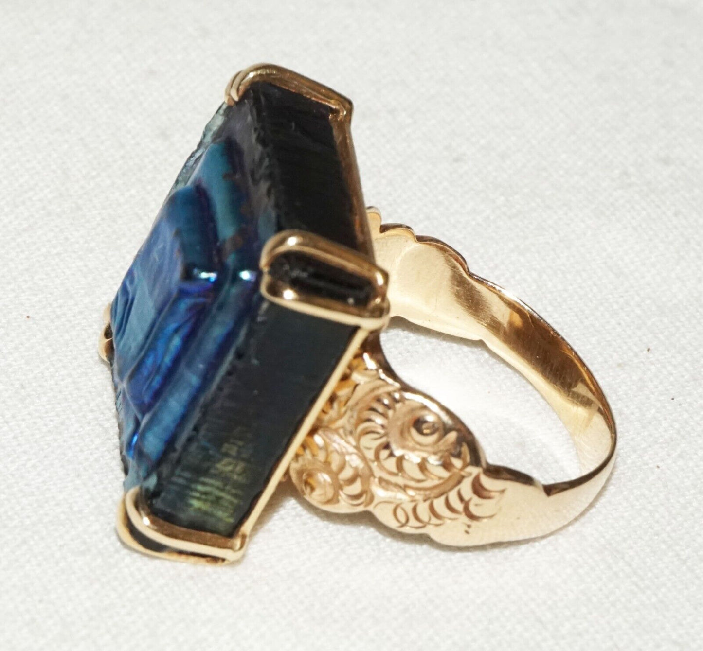 Vintage 14k Yellow Gold Ring Sz.7 w. Blue Enameled Stepped Lacquered Tile (PaS)