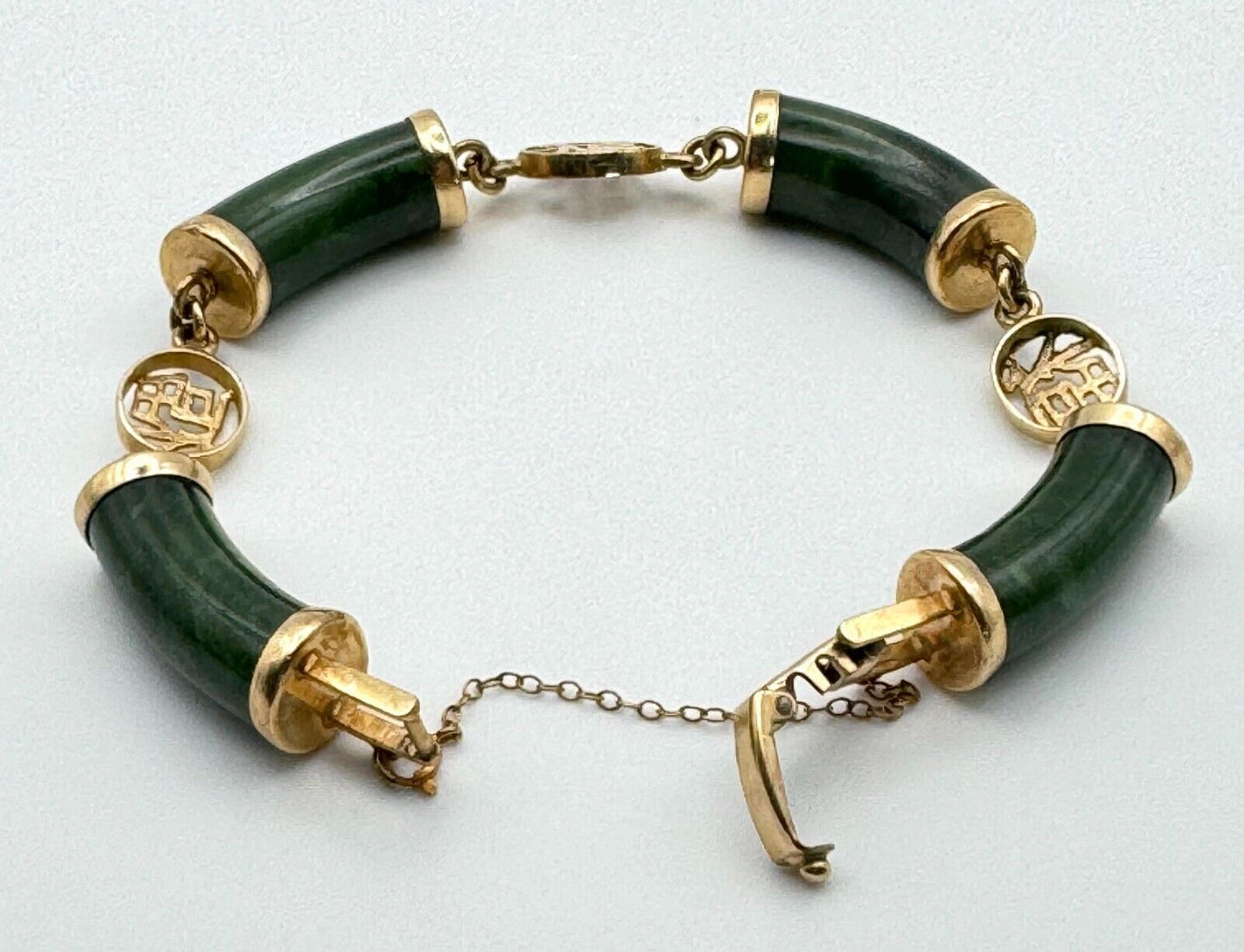 14k Gold & Spinach Green Jade Link Bracelet w Chinese Character Accents (1450)