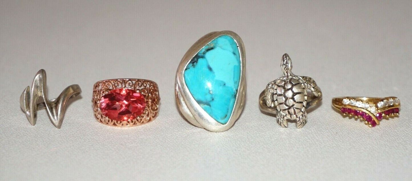 5x Vintage Sterling Silver Rings Turquoise Rubies Quartz Turtle Abstract(NoN)R38