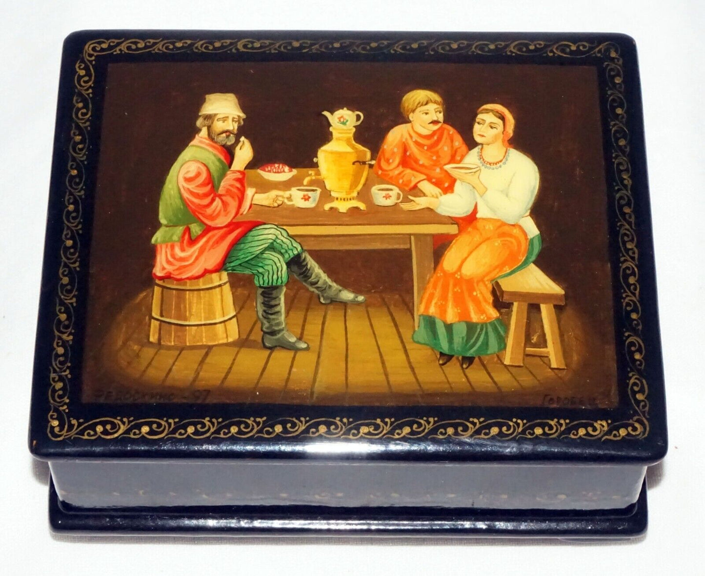 Vintage Russian Lacquer Box Three Figures Seated Around a Table signed (AHB)