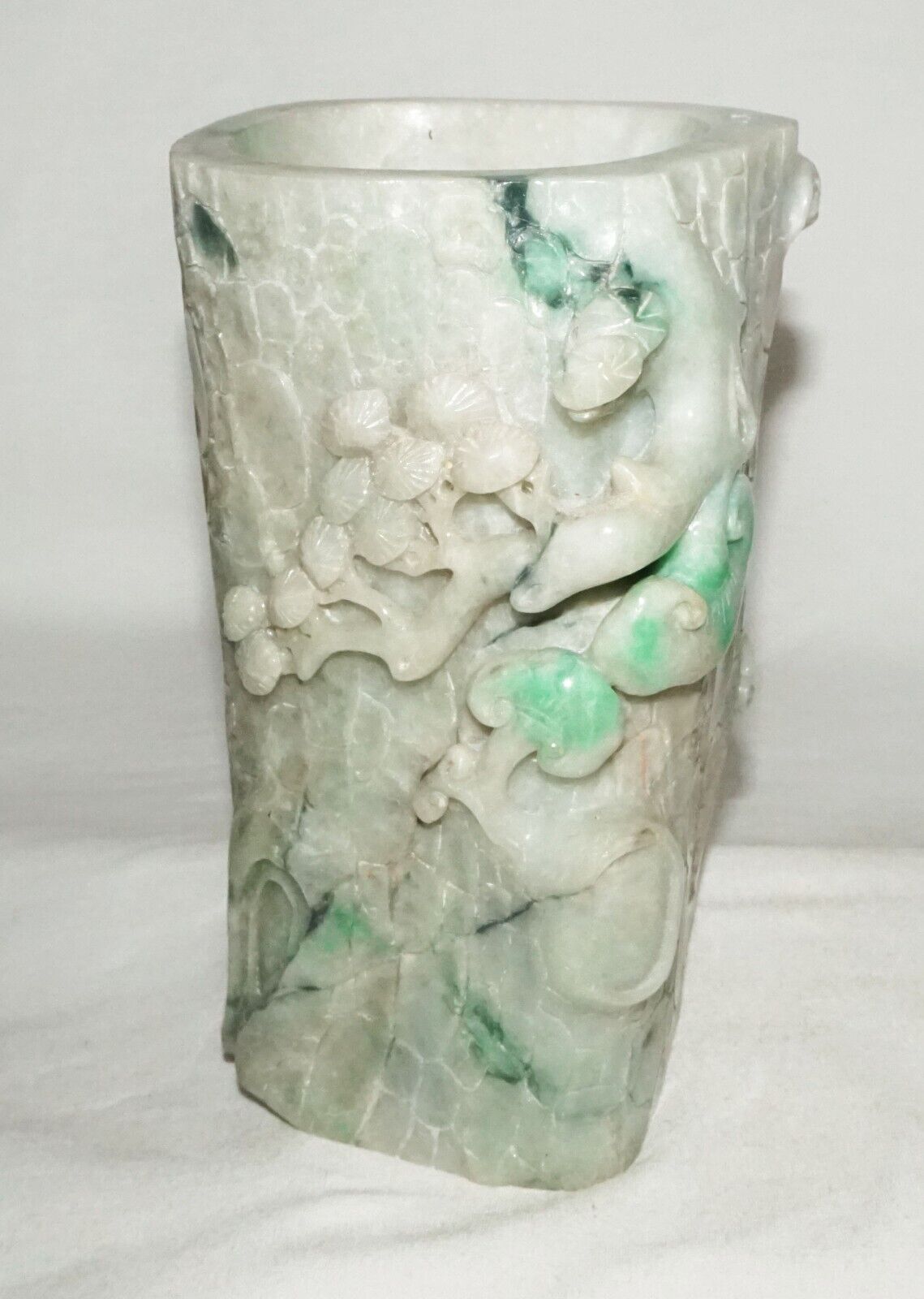 Chinese Jadeite Jade Carved Brush Pot w. Pine Tree Stump & Lingzhi Motifs (InS)