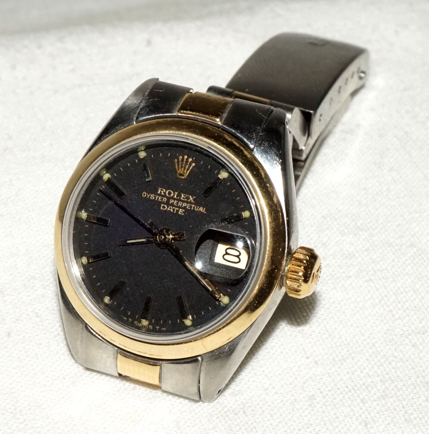 1970s Rolex DateJust Woman's Wristwatch Stainless & Gold & Black Dial (MHB)