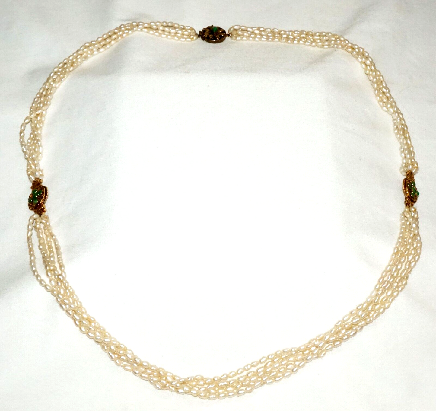 Vintage Chinese 1k Yellow Gold 5x Strand Pearl Necklace w. Jadeite Jades (KoM)