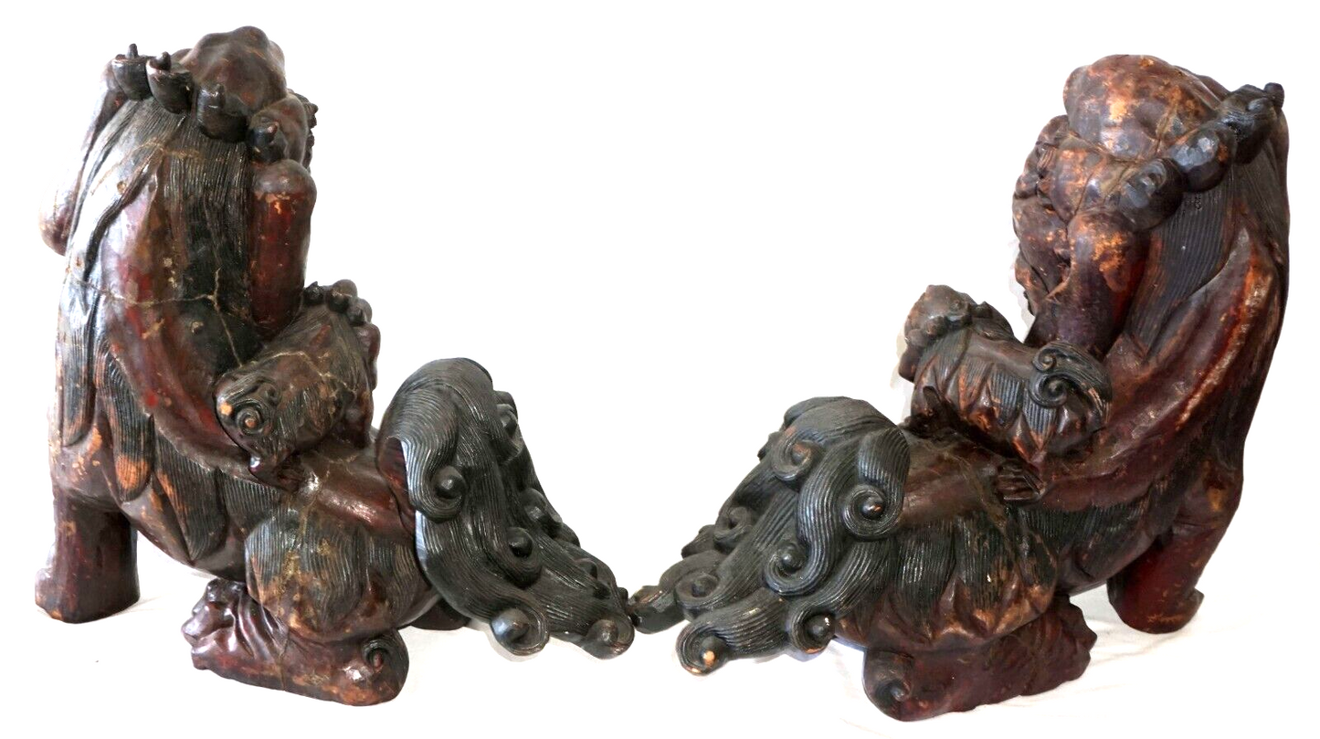 Pair Vintage Chinese Large Carved Assembled Hardwood Lion Dogs Inset Eyes (ChB)