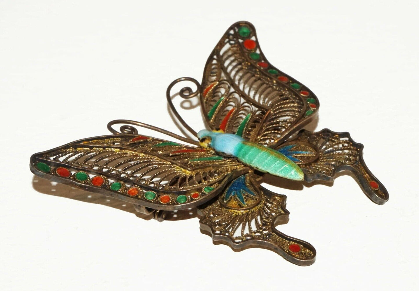 Vintage Chinese Gilt Silver Filigree & Enamel Large Butterfly Brooch (BrM)#15