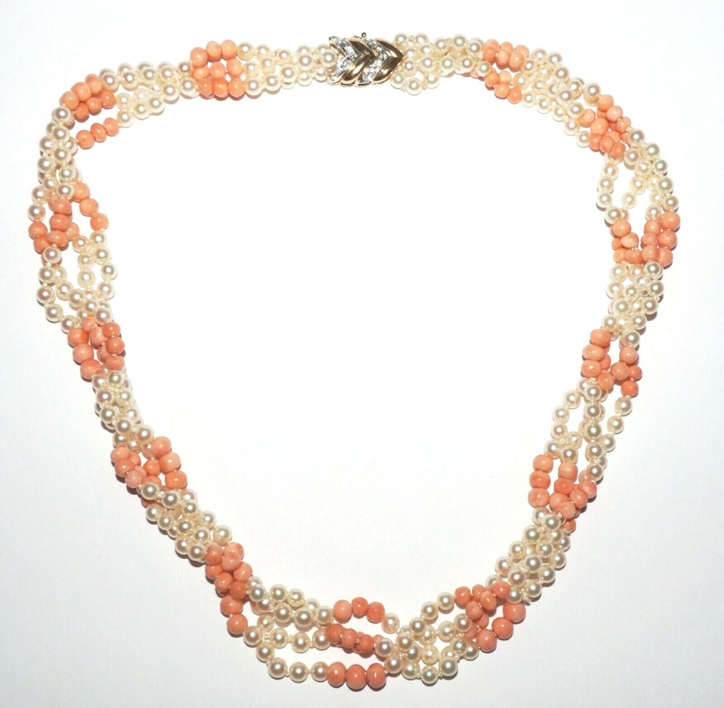 Vtg. 14K Y. Gold 4x Strand Mini Pearl & Pink Coral Bead Checker Necklace (PaS)