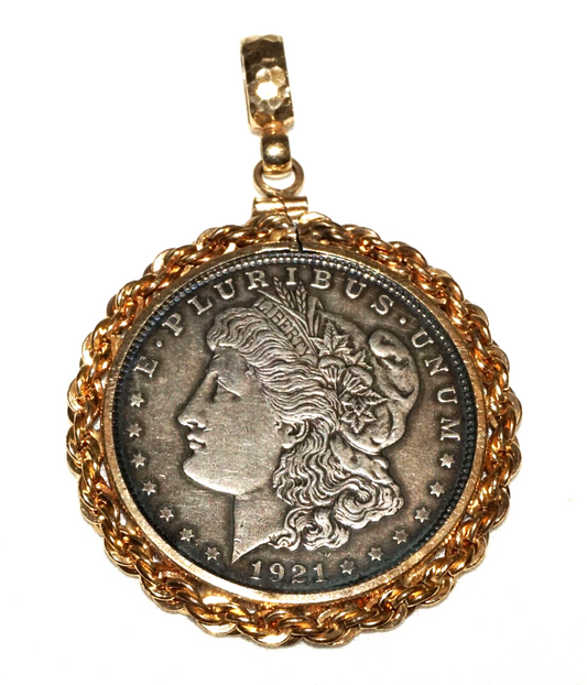 Vintage US Gold Plated Coin Bezel Pendant w. 1921 Morgan $1 Silver Coin (MuS)