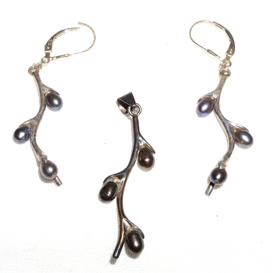 3Pc Vtg Sterling Silver & Grey Pearl Branch Motif Earrings & Pendant set (JoD)