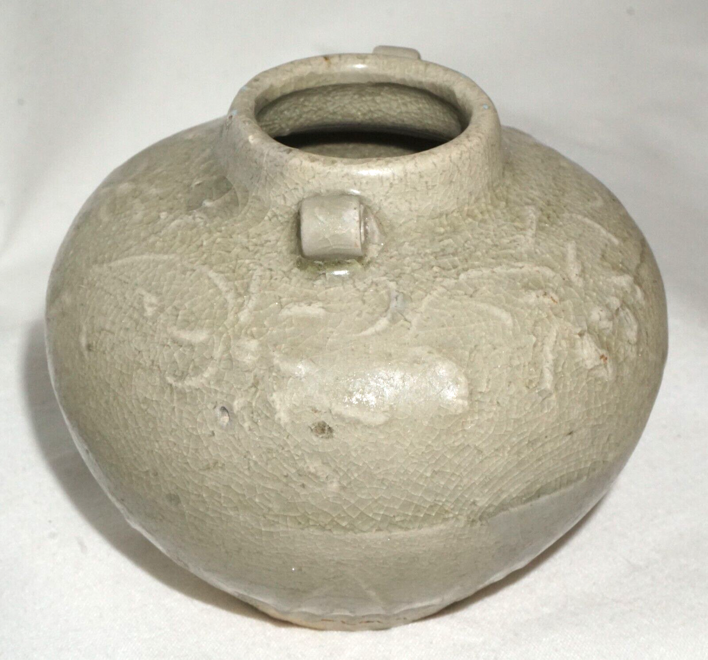 Chinese Song or Early Ming Pottery Jarlet Relief Floral Celadon (JSt)34 IC