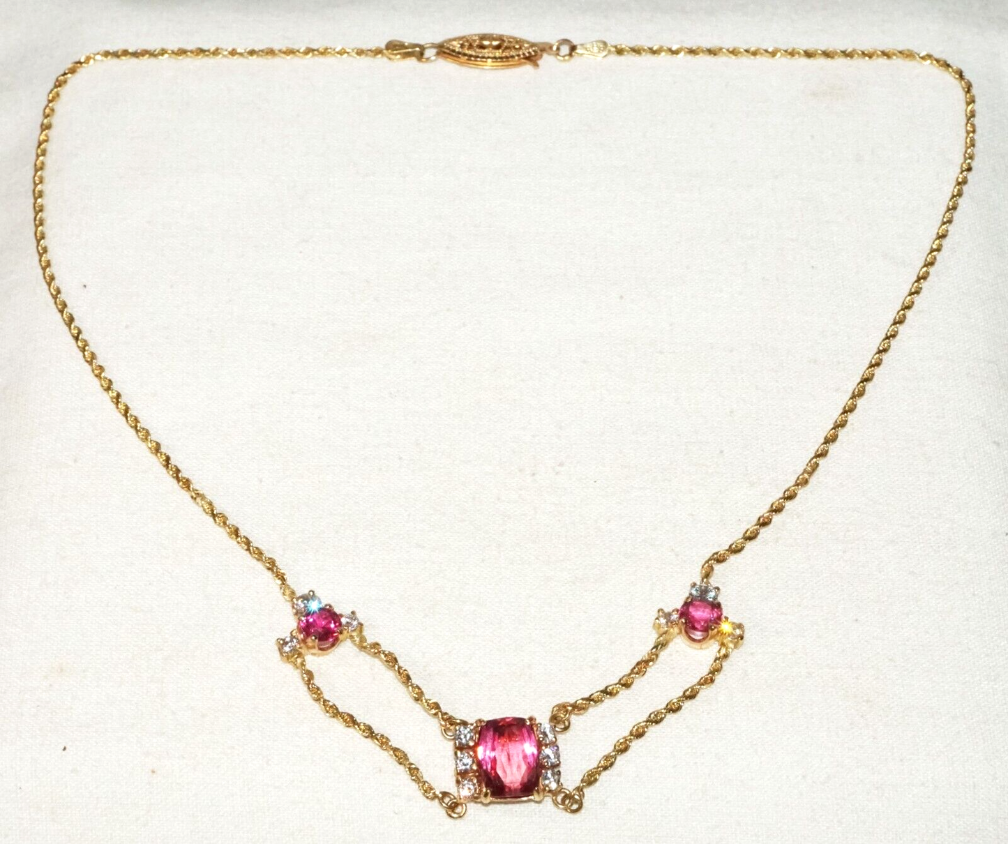 Vintage 14k Yellow Gold Rope Chain Necklace w. 3x Tourmalines & 12x CZ (GoB) #15