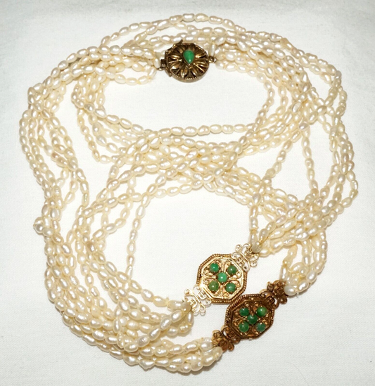 Vintage Chinese 1k Yellow Gold 5x Strand Pearl Necklace w. Jadeite Jades (KoM)