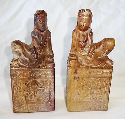 20CT Pair Chinese Steatite Seals Surmounted by Robed Female Figure (AHB)