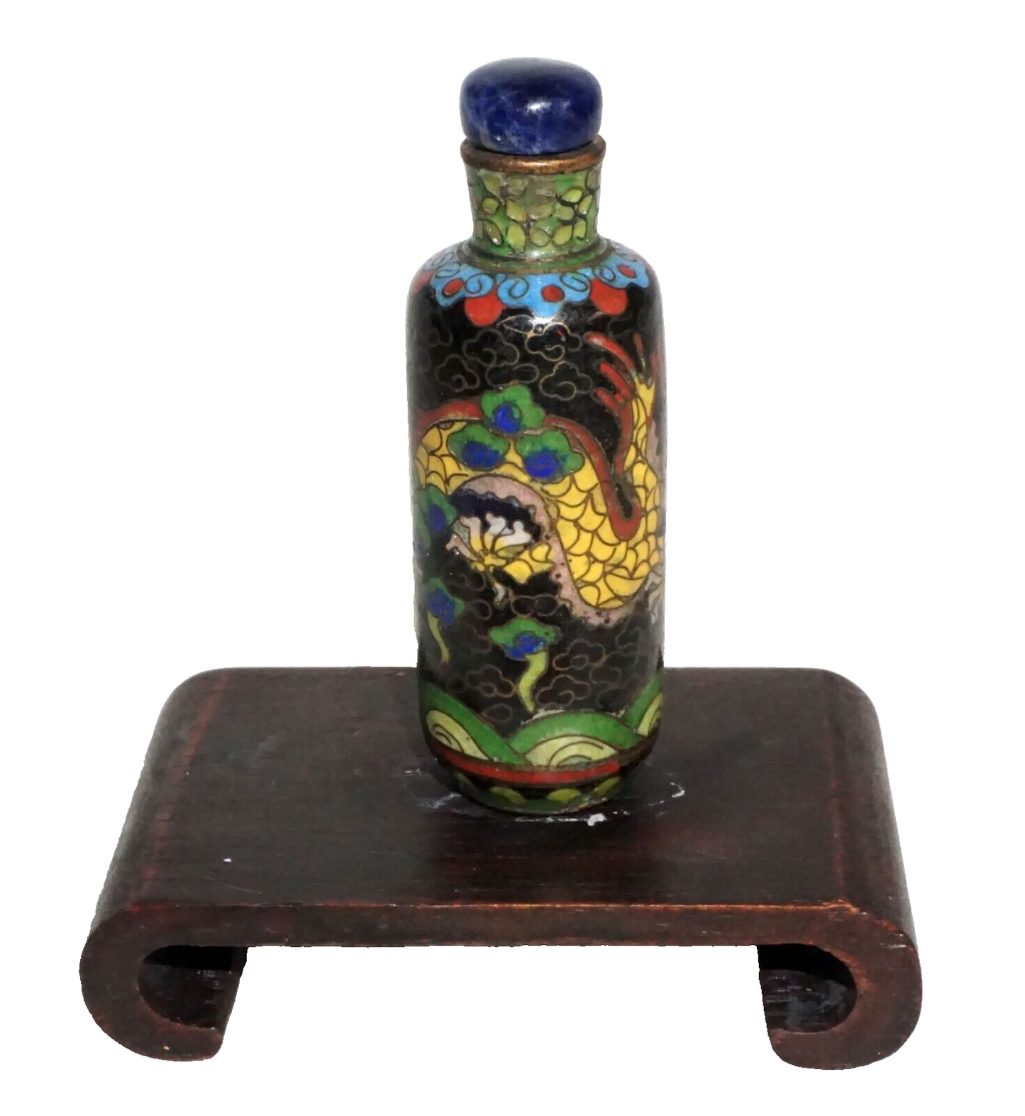 Vintage Chinese Cloisonné Snuff Bottle Writing Dragon Motif w. Sodalite (Kai)