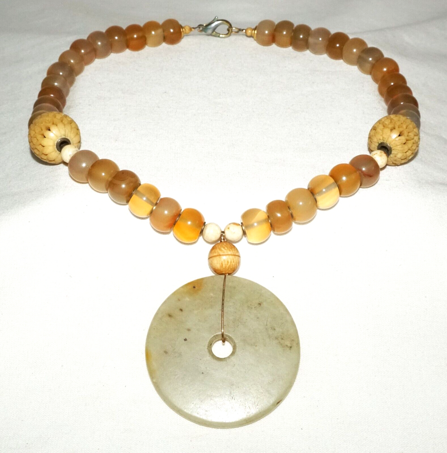 Chinese Yellow Semi Translucent Hard-stone Bead Necklace w. Jade Pendant (PaS)