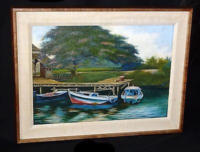 1930s Hawaii Koa Framed Oil Painting Boats on a Dock by Lloyd Sexton (Geo)