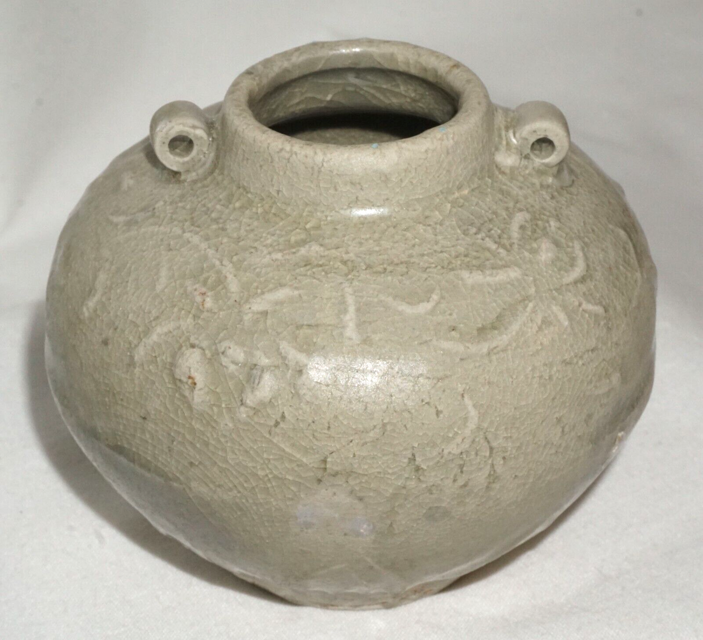 Chinese Song or Early Ming Pottery Jarlet Relief Floral Celadon (JSt)34 IC