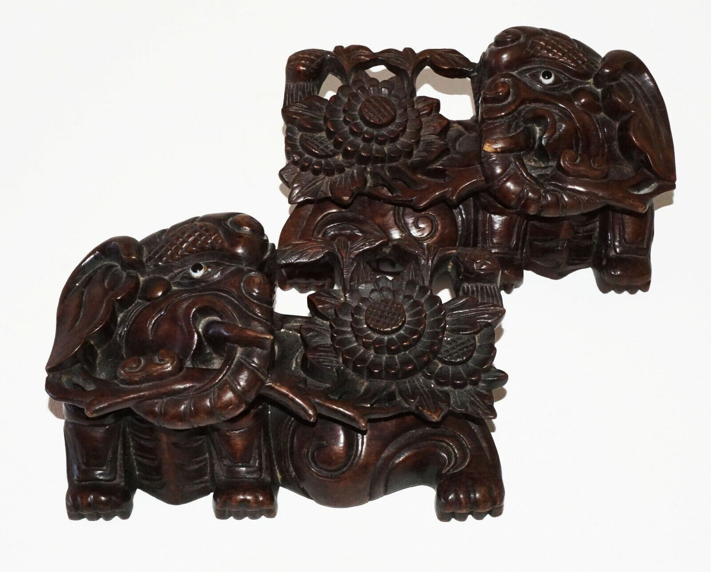 2x-19/20C Chinese Pierced Wood Carved Elephant & Flower Motif Ornaments (Cwo) IC