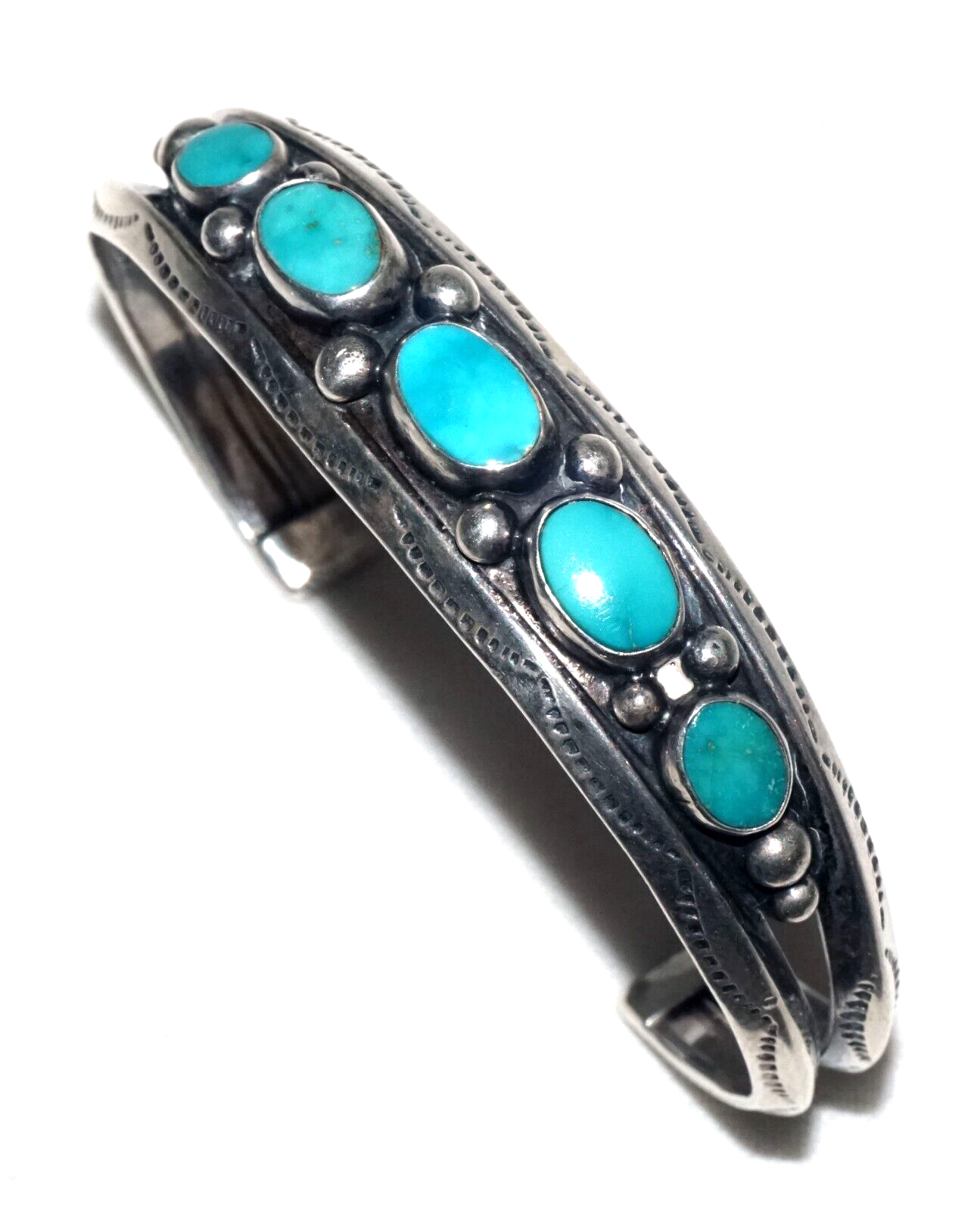 Vintage S.W. Heavy Silver Cuff Bracelet set w. 5x Turquoise Accents (KoS) L8