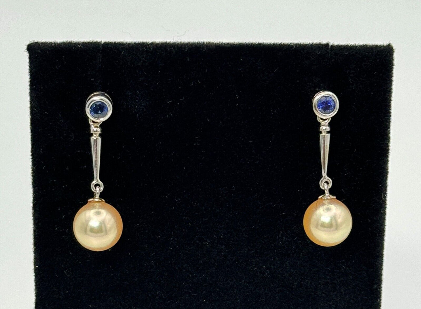 Vintage 18k White Gold, Golden Pearl and Blue Sapphire Drop Earrings (MeC)