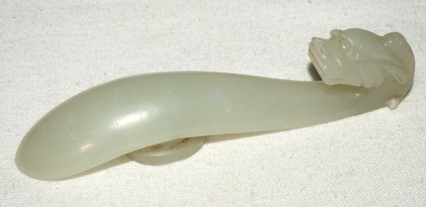 Antique Chinese Grey Green Nephrite Jade Dragon Belt Hook (UVi)#19