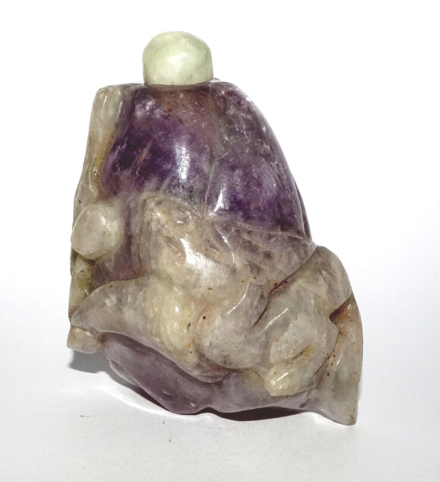 Vintage Chinese Purple Fluorite Carved Snuff Bottle w. Stone Stopper (LeS) G12