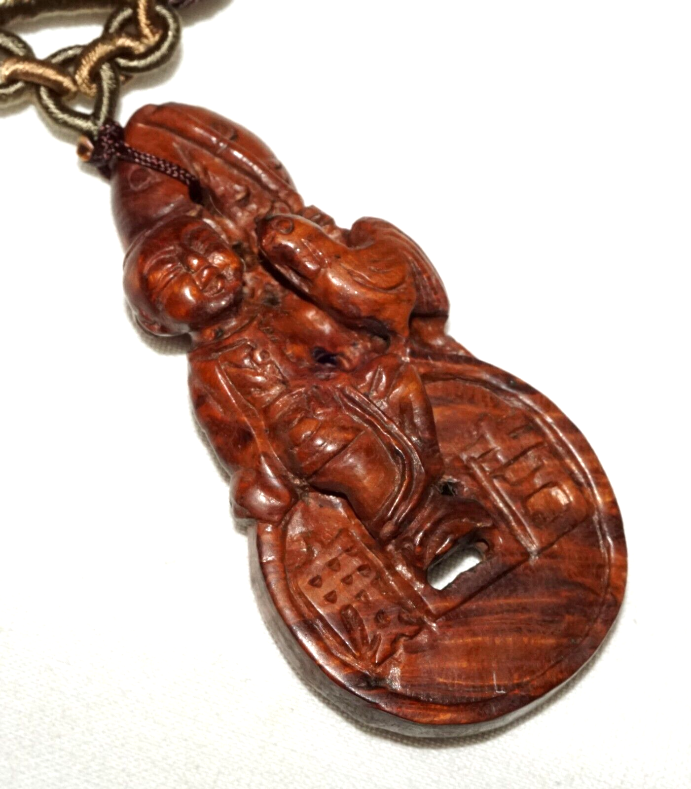 Vintage Chinese Wooden Pendant Carved Boy on Coin & Double Carp Motif (LeS)L21