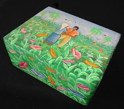 1980s Haitian Wooden Covered Boxes w. Painted Landscape Motif J.H. Wesner (Stea)