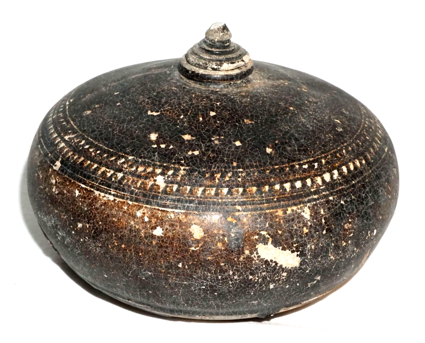 12C Antique Cambodian Khmer Brown Glaze Stoneware Covered Pot or Jar (JSt) 33