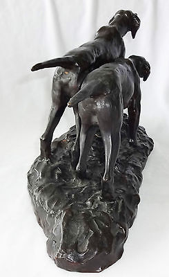 1930s JAPANESE BRONZE SCULPTURE "PAIR of HUNTING DOGS" sign HIDEAKI (Ree)