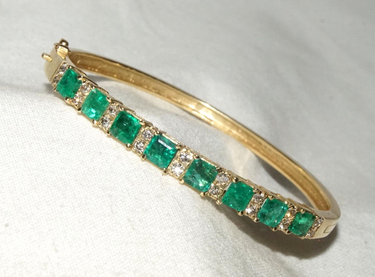 14k Yellow Gold Hinged Bangle Bracelet 4.49ct. Emeralds & 18x Diamonds (GoB) #32