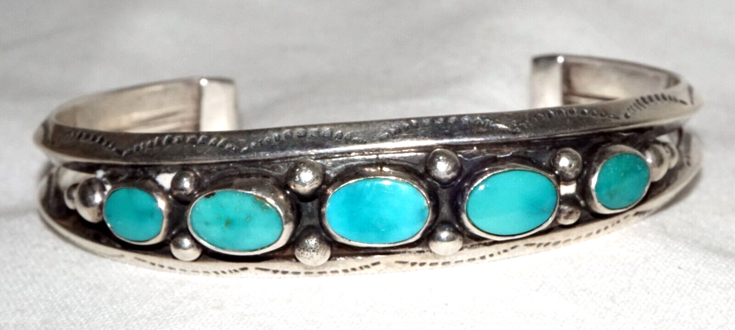 Vintage S.W. Heavy Silver Cuff Bracelet set w. 5x Turquoise Accents (KoS) L8