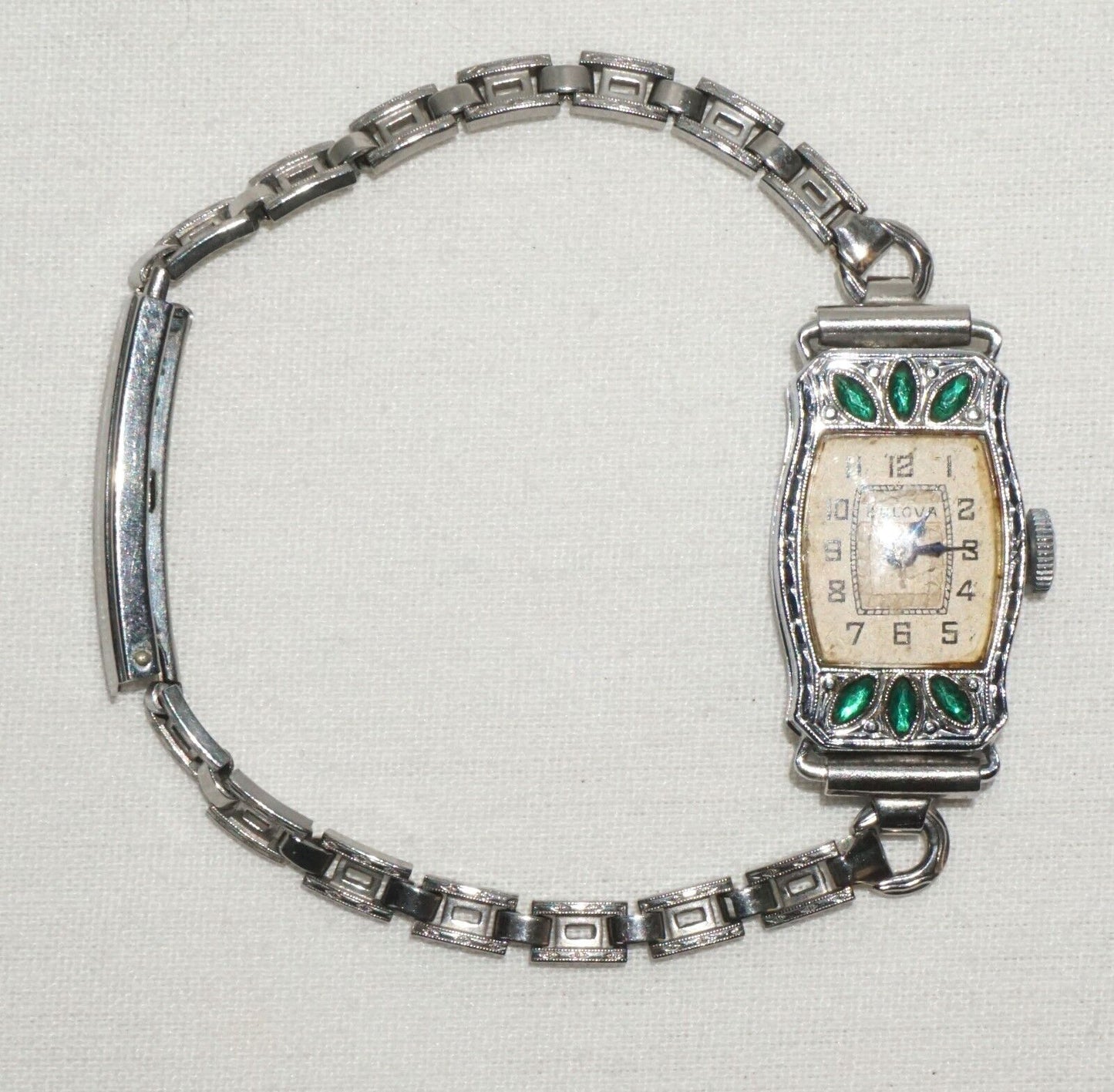 Vtg 1924 Art Deco Ladies Bulova Wrist Watch w Emerald Accents (TiG)