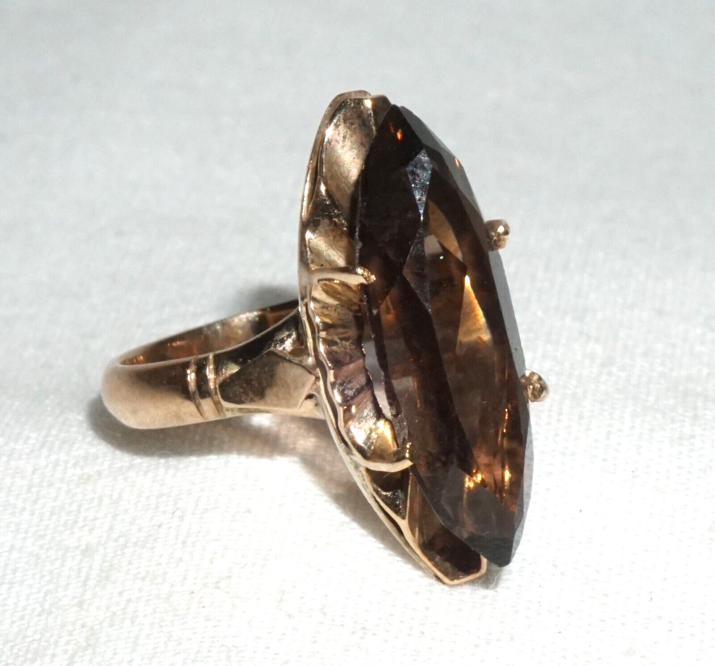 Vintage 14k Yellow Gold Ring Sz.5.5 set 1x Marquise Cut Smoky Quartz (BrM)L3