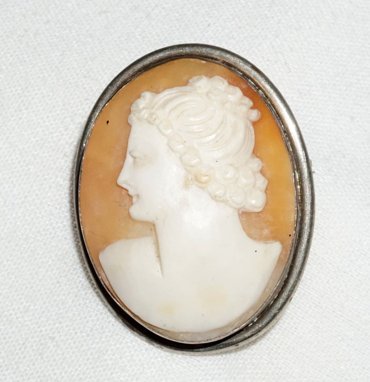 Vintage 900 Silver Shell Cameo Brooch Pendant w. Female Bust Motif (BiB)