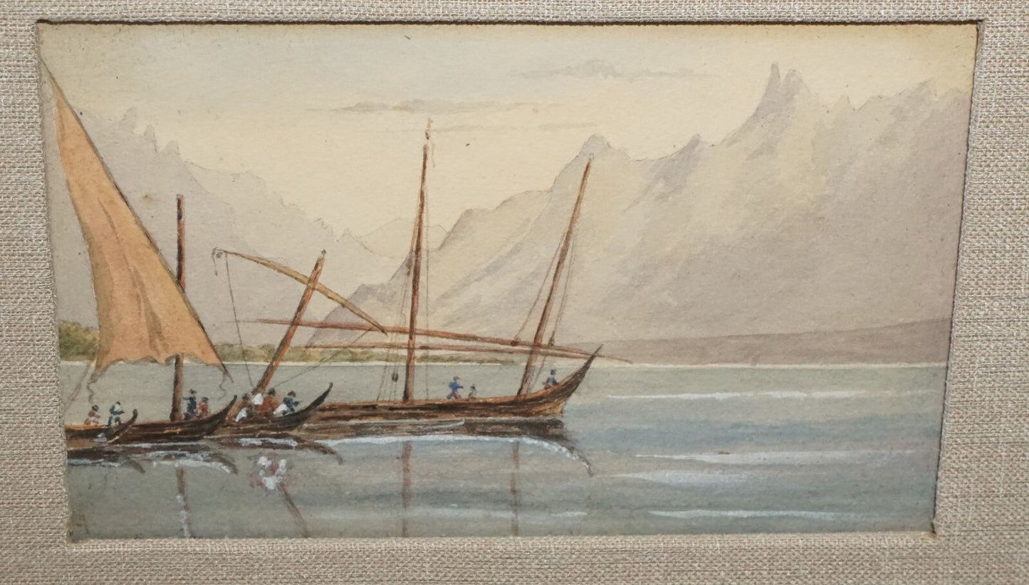 Antique Italian Miniature Gouache Painting Coastal Fisherman & Boats  (New)