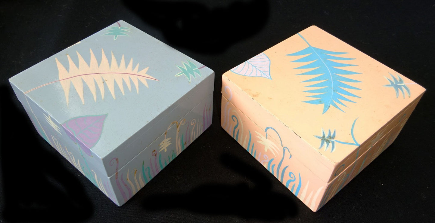 2x 1980s Haitian Wooden Covered Boxes w. Painted Floral Motif (Stea)
