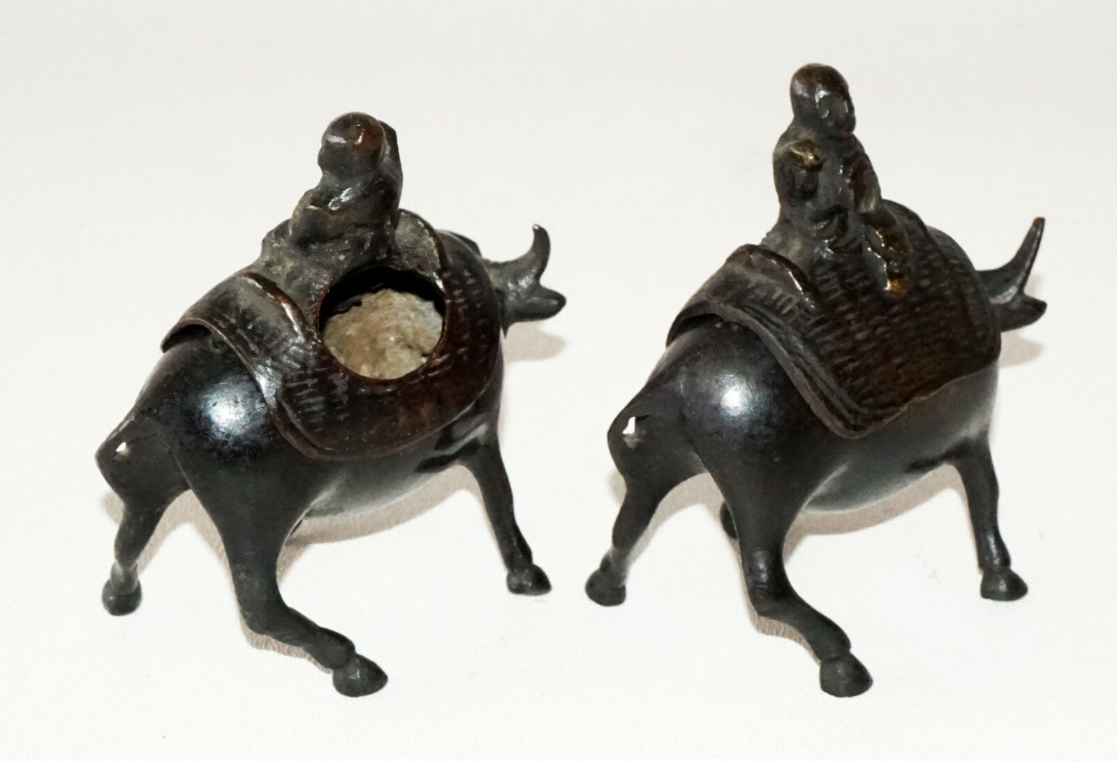 Pair Japanese Meiji Small Bronze Incense Burner w. Figure on Ox Motif  (FLA)