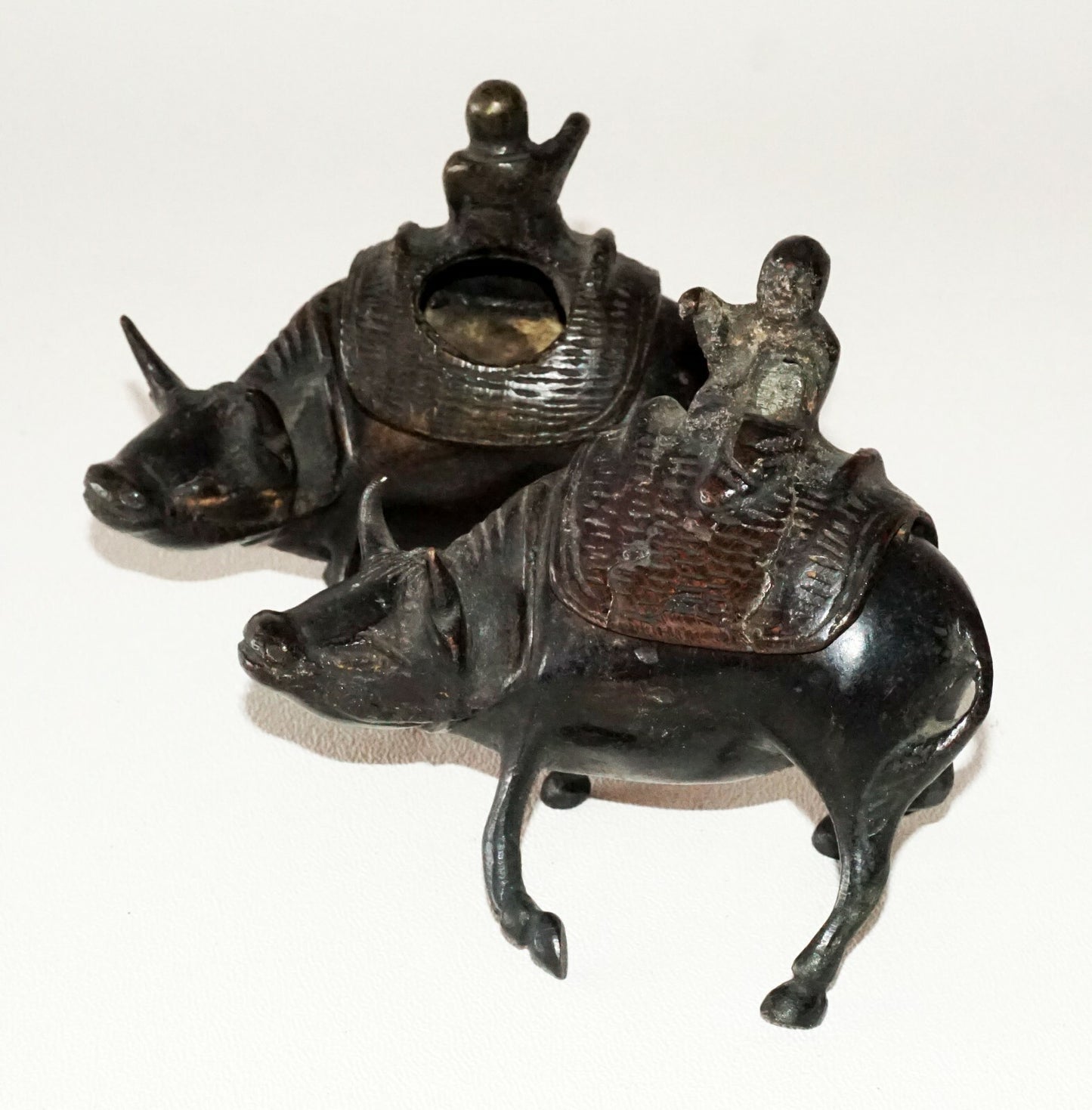 Pair Japanese Meiji Small Bronze Incense Burner w. Figure on Ox Motif  (FLA)