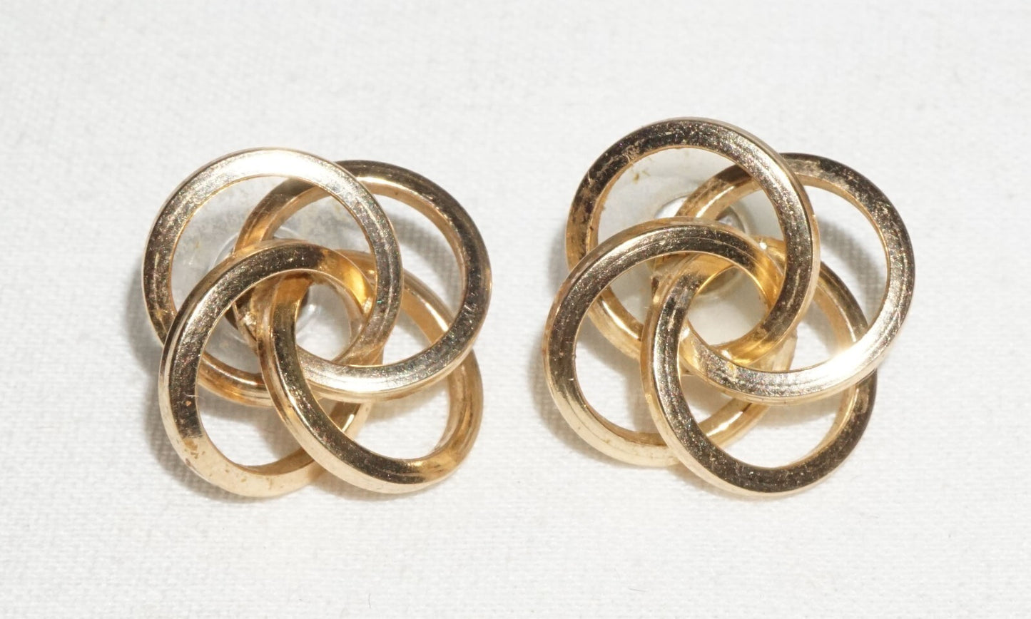 Pair Vintage Modernist 14k Yellow Gold Quadruple Ring Design Earrings  (***)