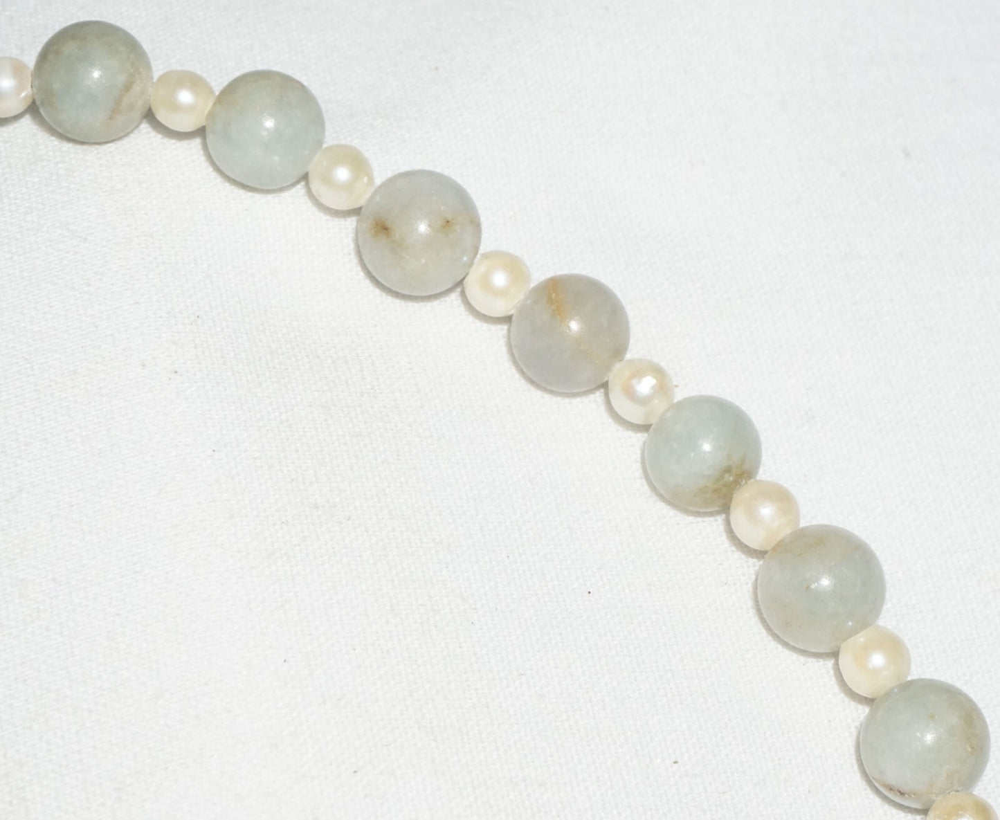 Vintage Chinese Jadeite Jade & Pearl Spacer Bead Necklace w. 14k Clasp  (---)