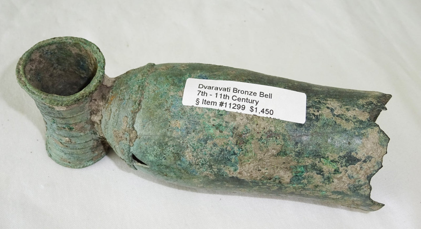 7-11C Thai Dvaravati Period Lop Buri Bronze Bell w. Tube Holder - Excavated(Mil)